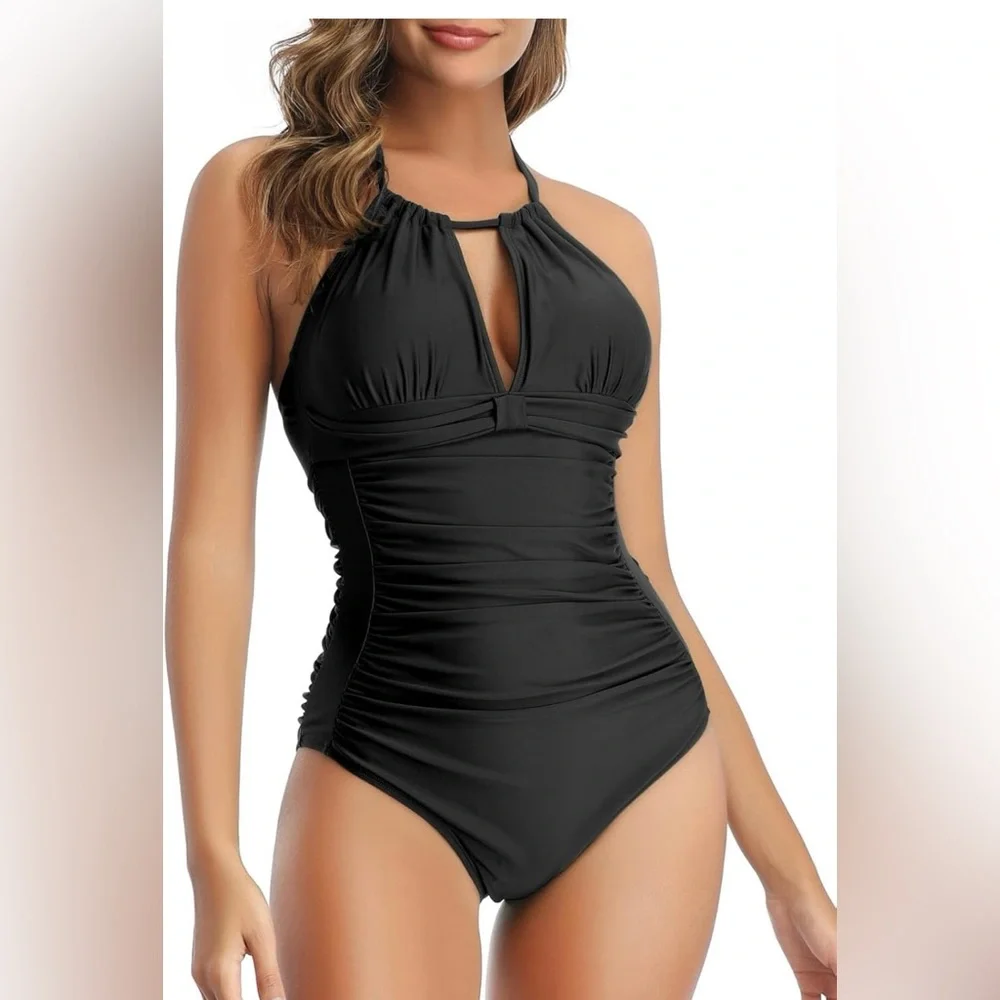 Womens Large Black Ruched Halter One Piece Swimsuit Keyhole Front Tummy Control - Picture 1 of 3